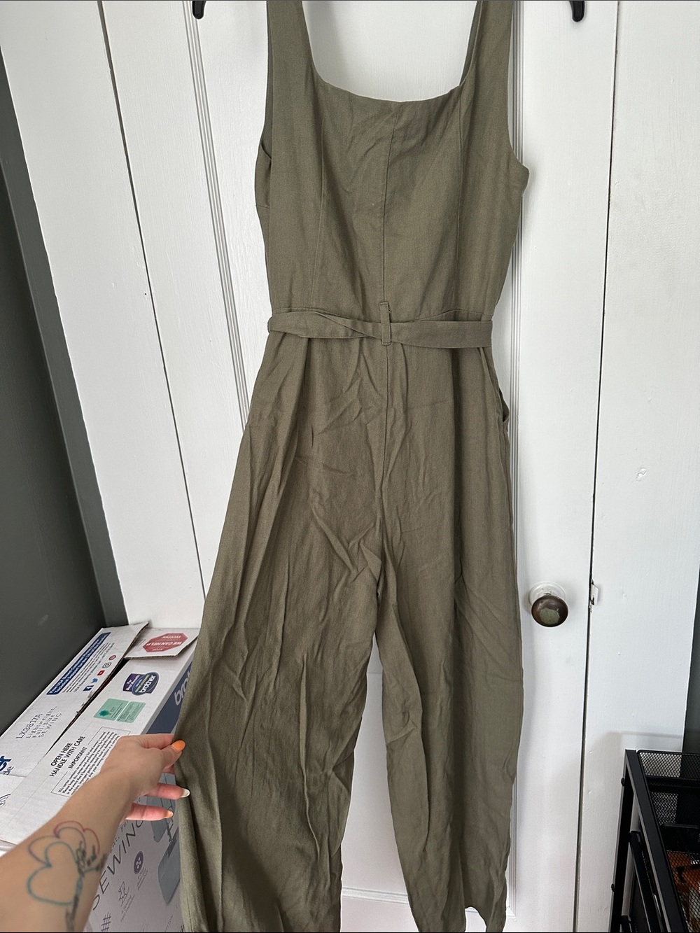 Ellen Tracy Olive Eyelet Maxi Dress with Waist Tie - Picture 2 of 2